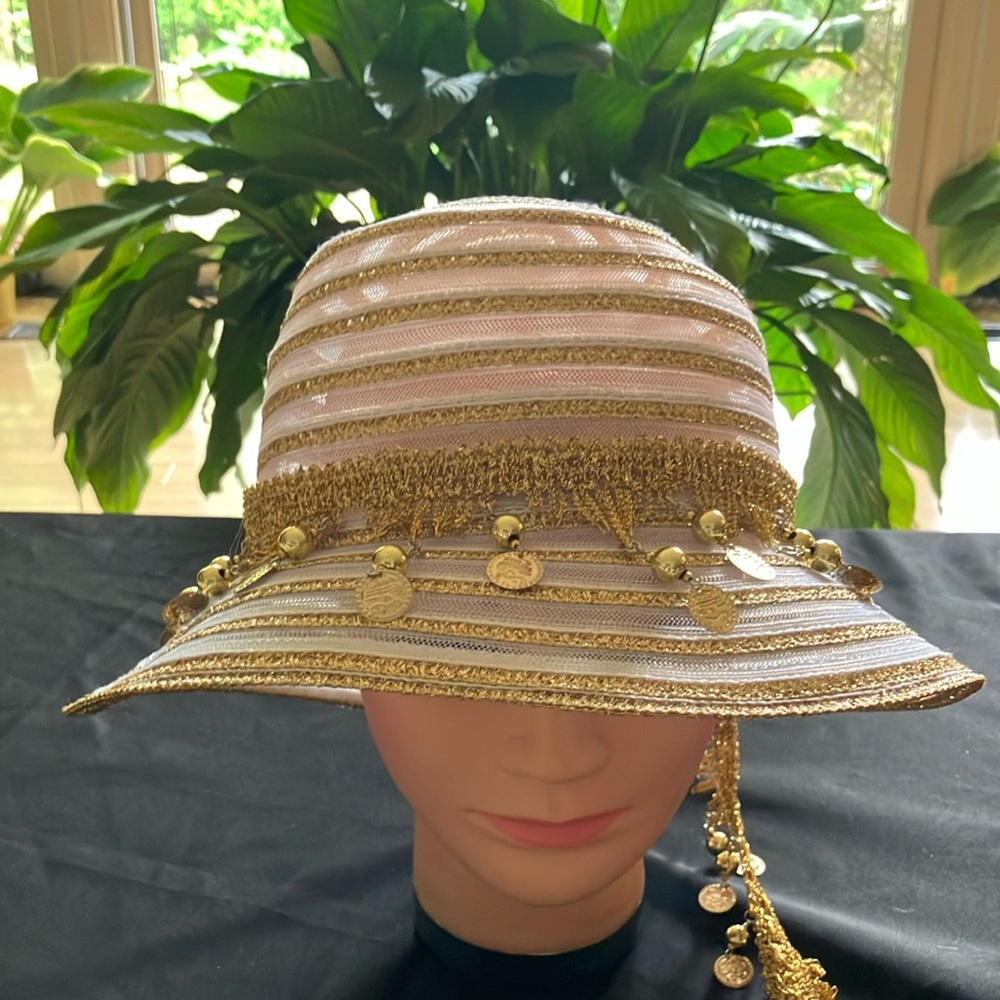 Elegant Metallic Gold and White Striped Hat With Gold Coin Trim Band